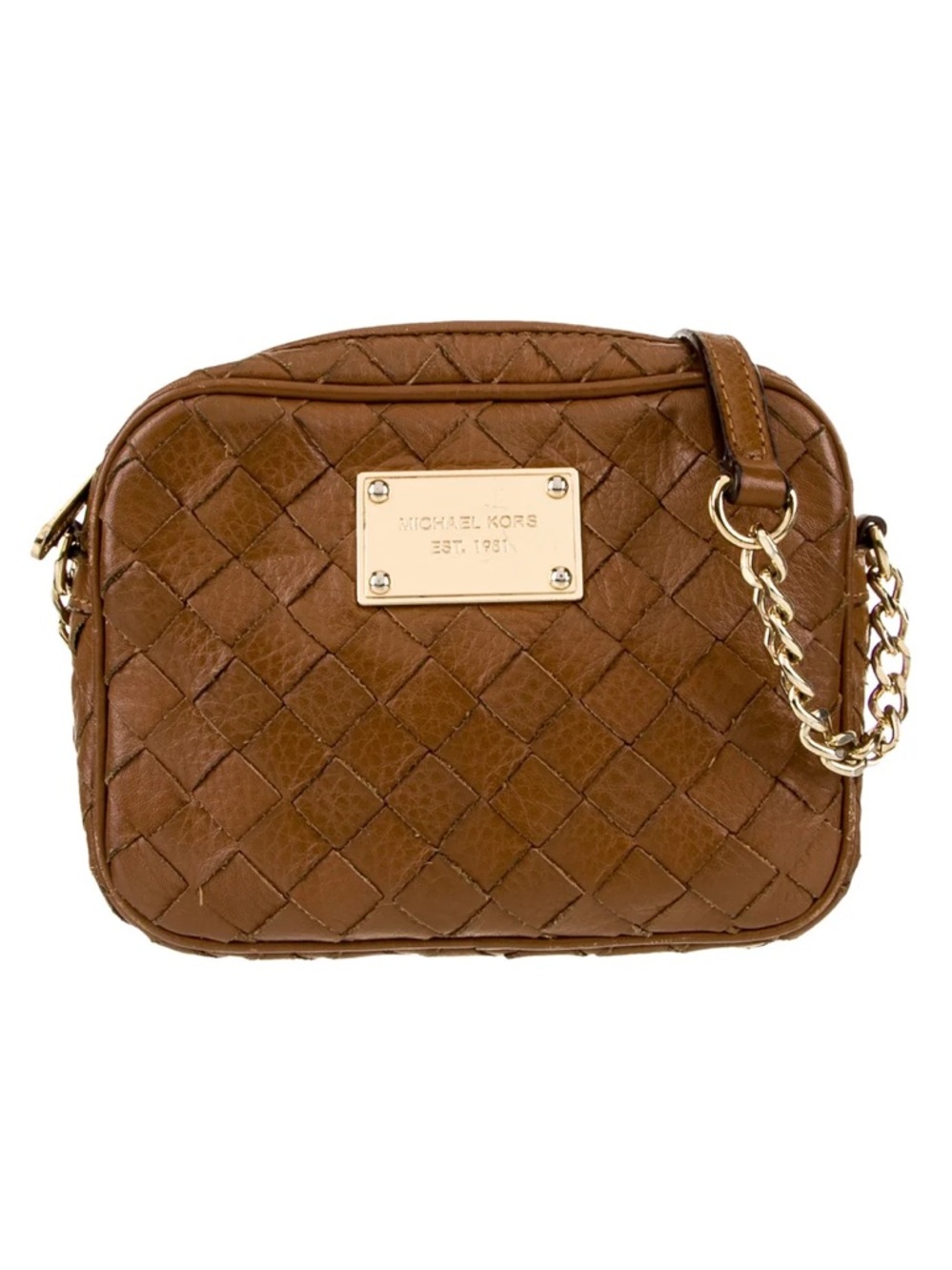Michael Kors Tan Woven Leather Crossbody with Gold Chain